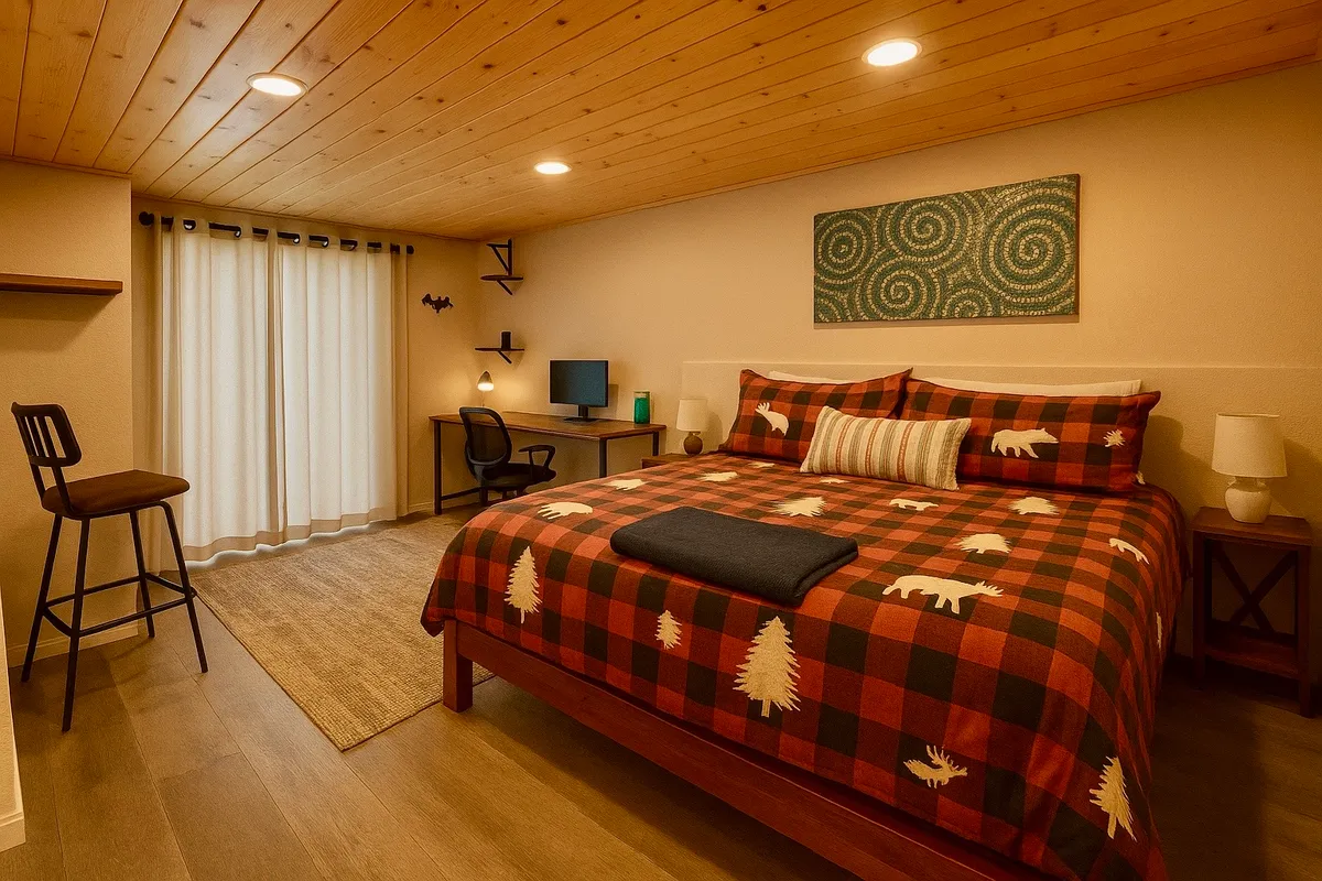 A warm, rustic bedroom with a plaid bedspread, wood ceiling, and a desk nook near a curtained window. The space feels cozy and personal, making it ideal for relaxing, reading, or working in a tranquil atmosphere.